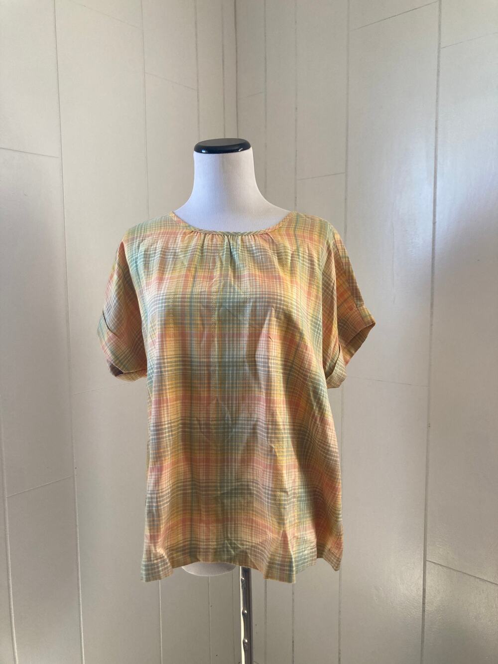 LOFT Orange and Yellow Plaid Pullover Blouse, Size S